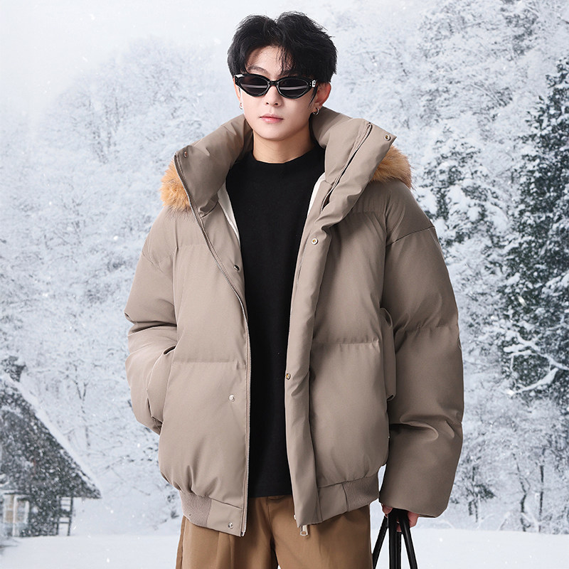 美式休闲PU皮棉服男女情侣连帽毛领棉衣帽子毛领可拆卸保暖百搭潮