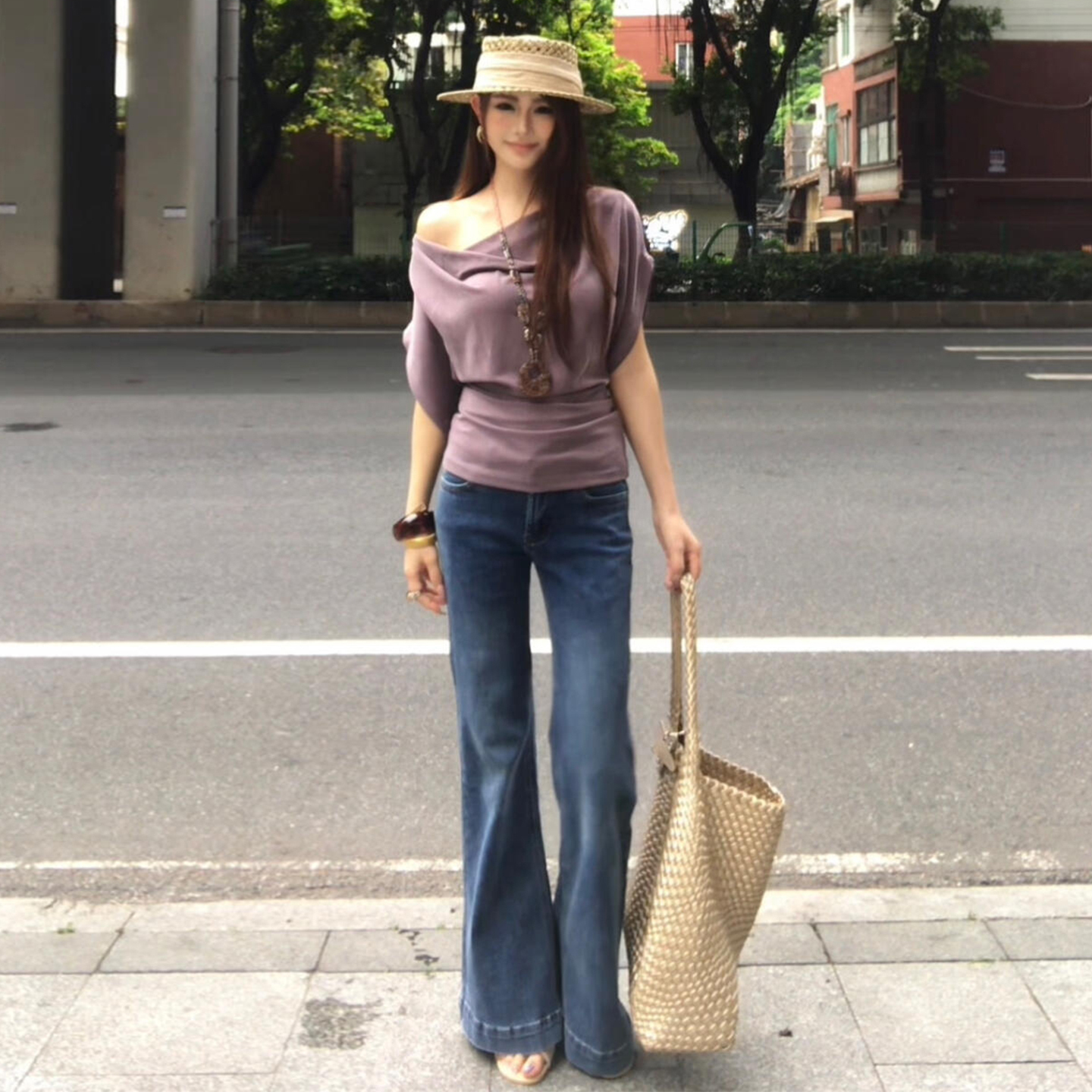 2025新款小众设计感蝙蝠袖紫色t恤女夏独特漂亮掐腰斜肩上衣3983