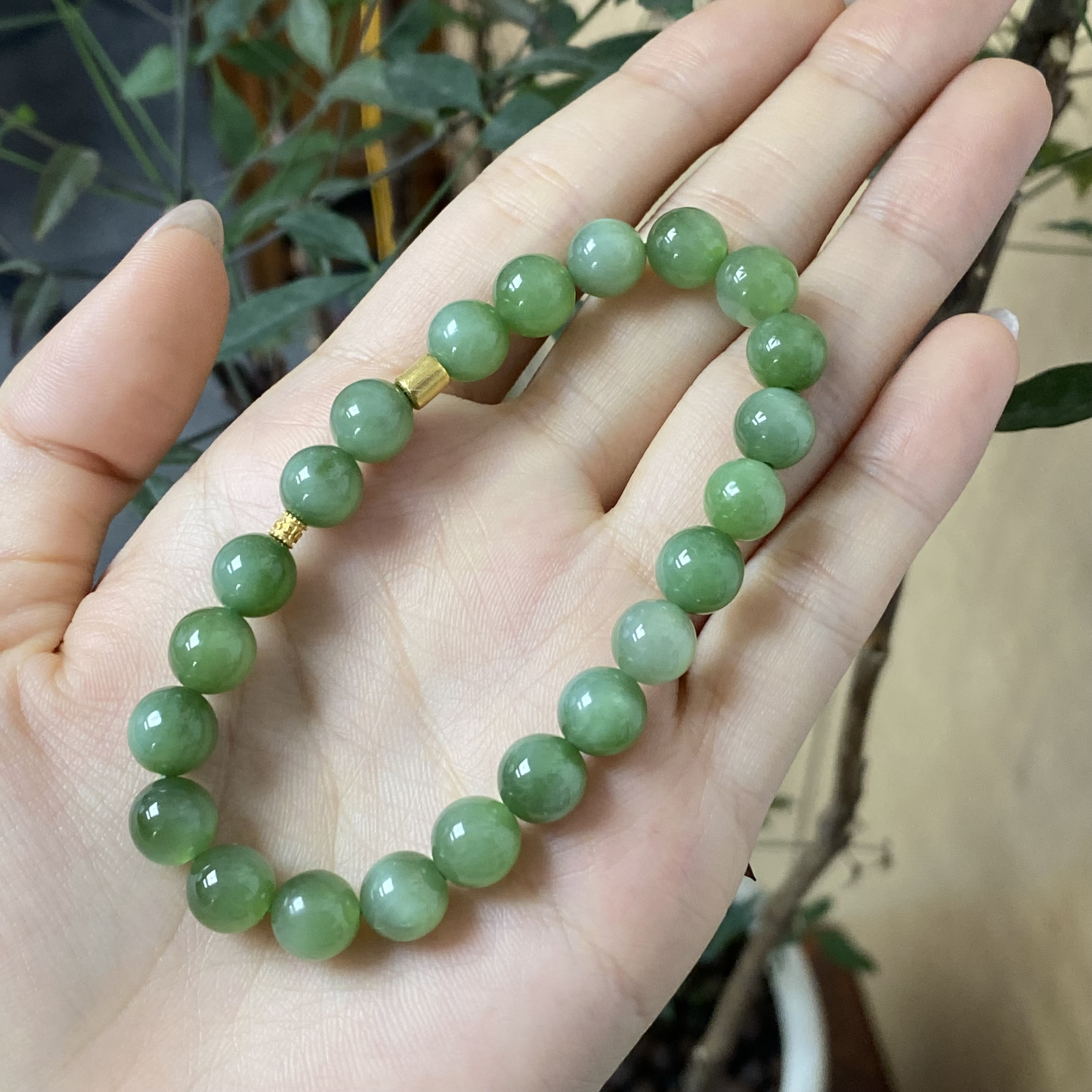 【珍珍严选】18K金镶和田玉碧玉卡8mm猫眼手串-HZ25