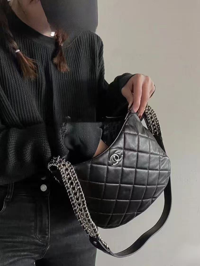 95新 Chanel/香奈儿 黑银菱形格22s瀑布链条hobo包芯片开 底长26