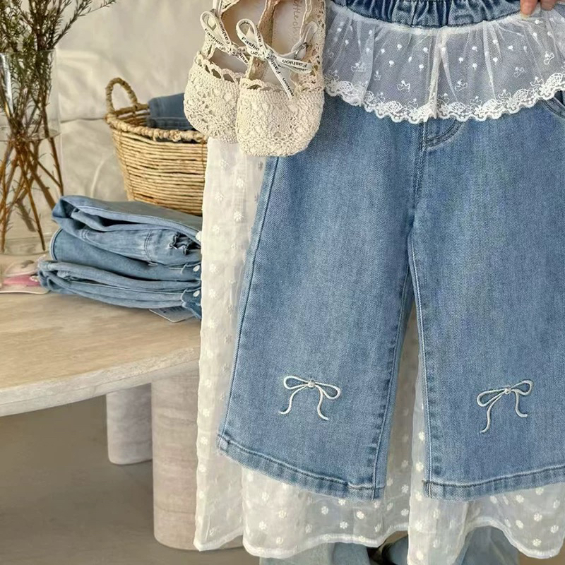 韩版童装女童裤子牛仔裤2025新款春季洋气儿童蕾丝花边阔腿裤女宝