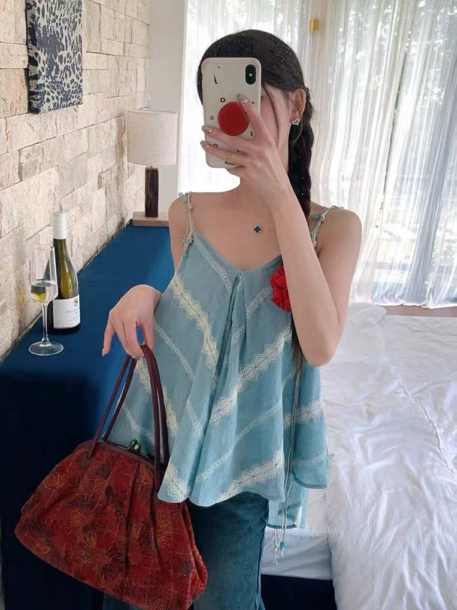 度假风拼接无袖吊带背心女夏季外穿独特漂亮辣妹上衣