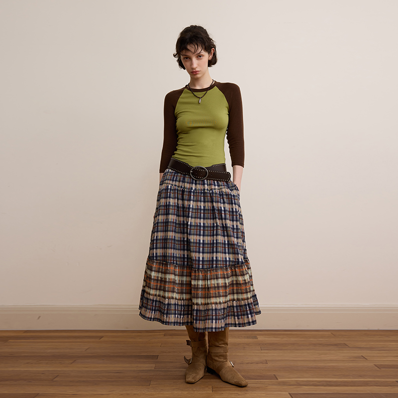 DKZ超显瘦复古天丝羊毛百搭撞色打底插肩袖T