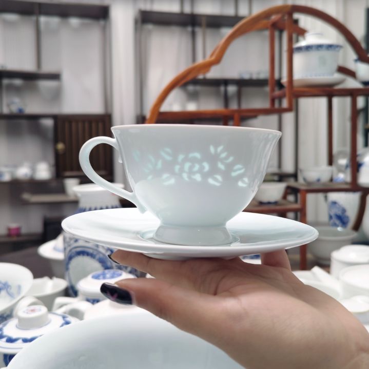 陶瓷青釉玉牡丹咖啡杯一杯一碟