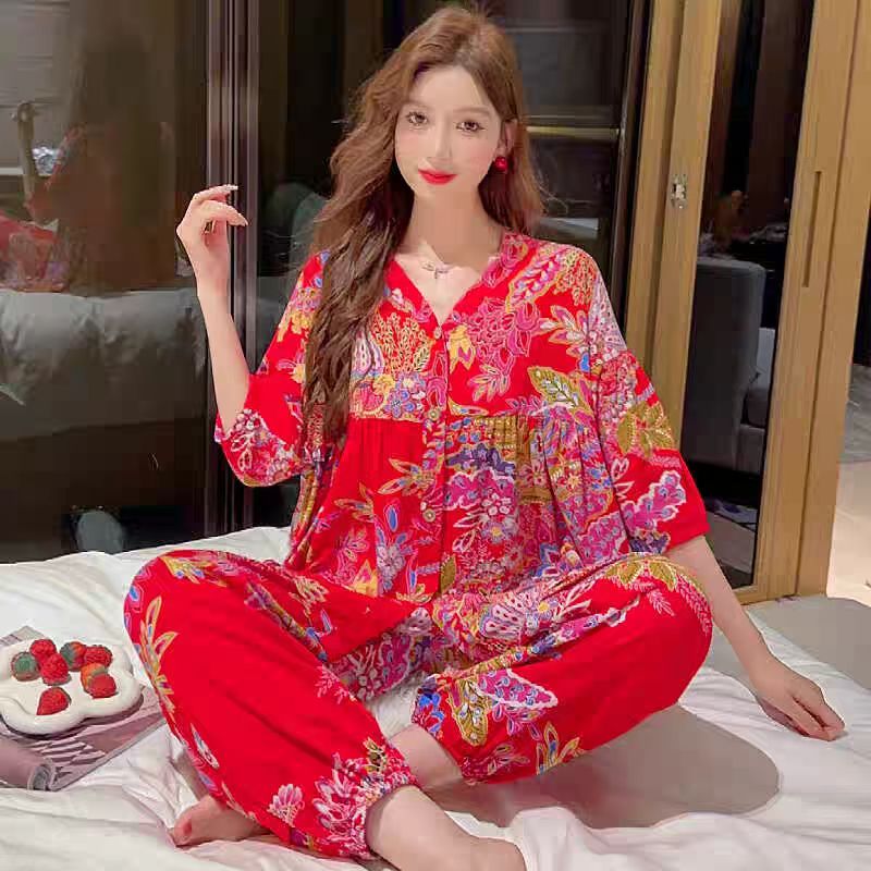 40色棉绸睡衣女夏七分袖薄款宽松大码人造棉开衫家居服套装可外穿