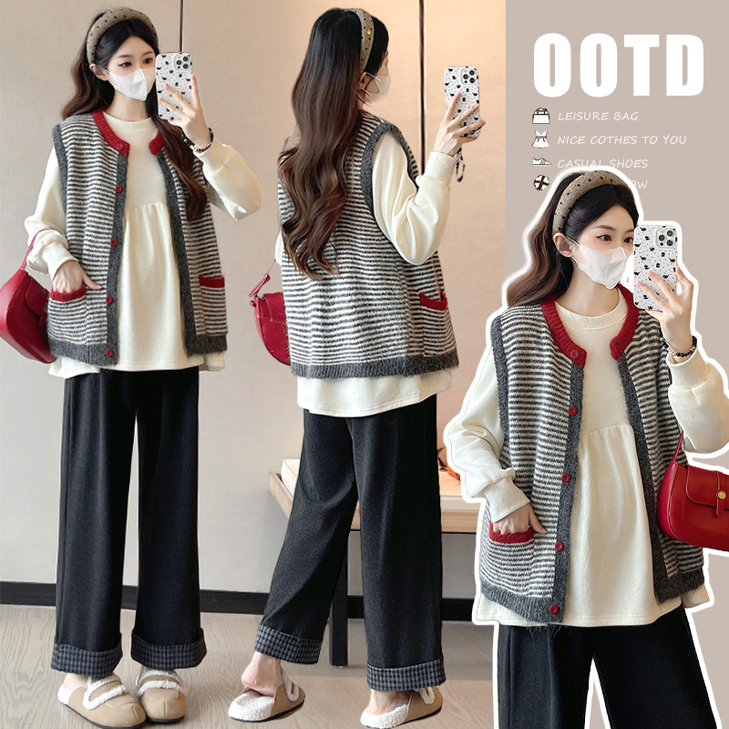 怀孕孕妇2025秋冬复古韩版卫衣衫毛衣开衫马甲背心＋休闲翻边裤子