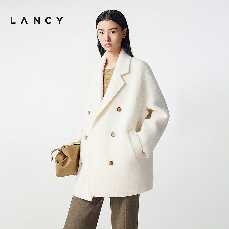 【纯羊毛】LANCY/朗姿2025冬新款高级西装领圈圈呢白色毛呢大衣女