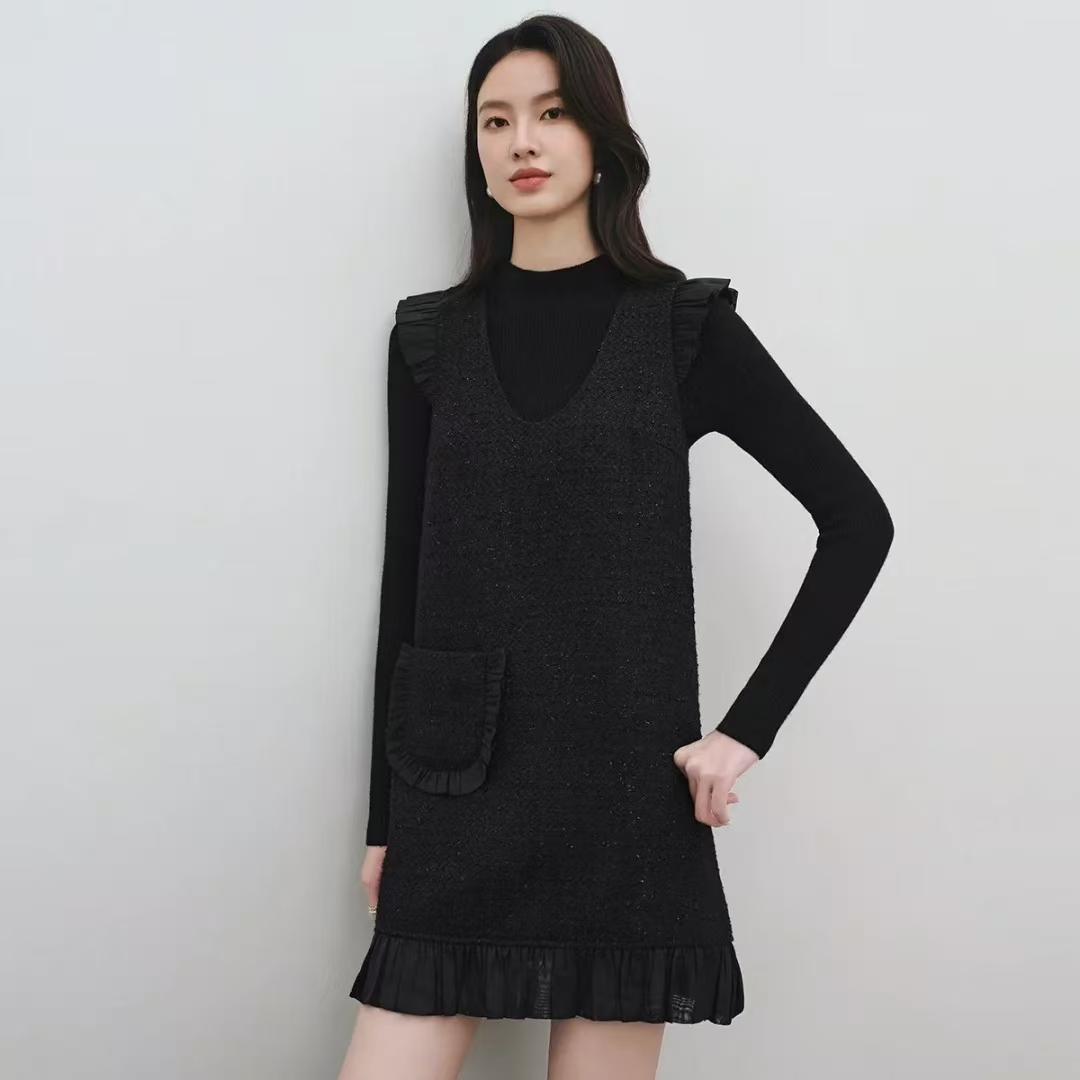 D029新款2025秋冬长袖小香风套装打底衫加羊毛马甲女连衣裙两件套