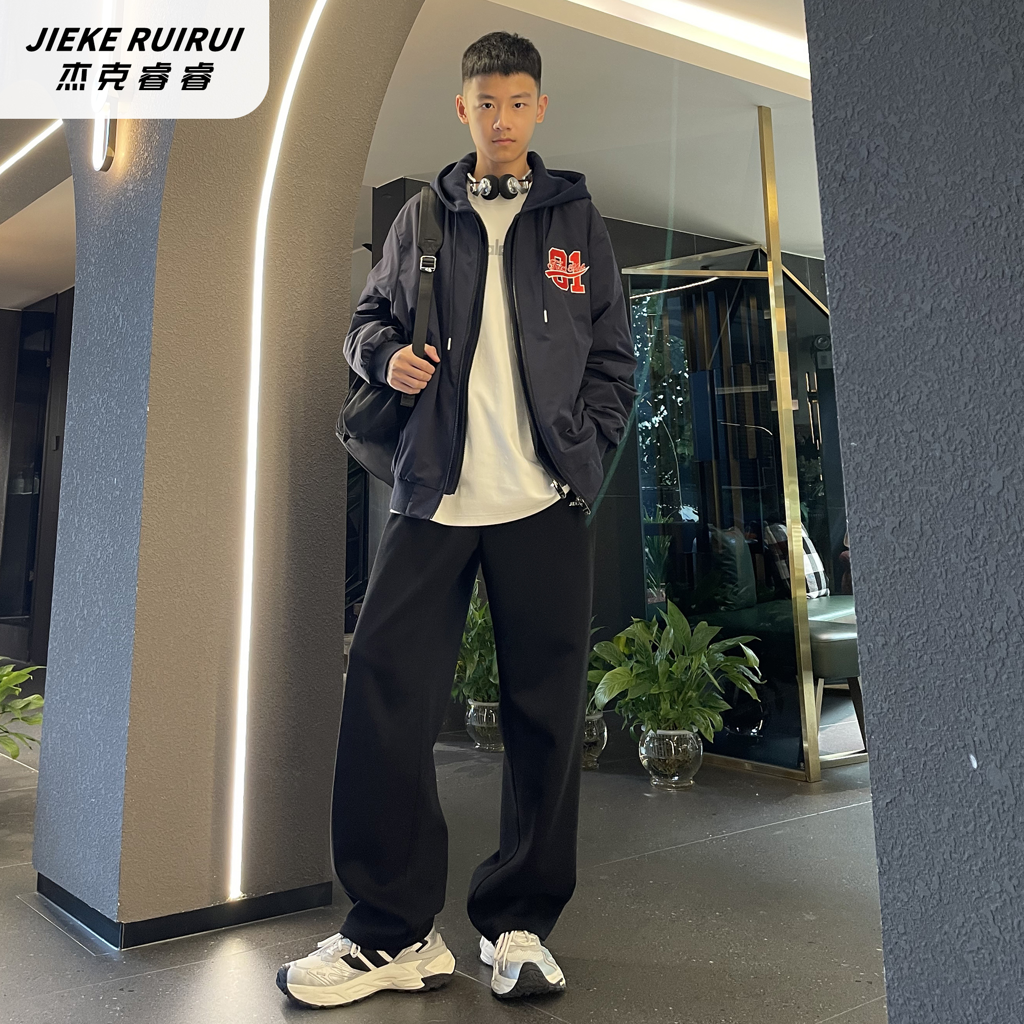 【现货-晴】秋冬潮牌假两件印花字母连帽外套亲子薄款/夹棉外套潮