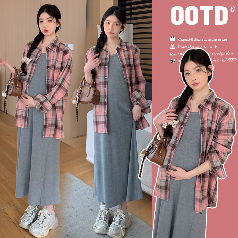 2025春季孕妇装韩版休闲格子衬衫宽松慵懒＋弹力背心吊带连衣裙