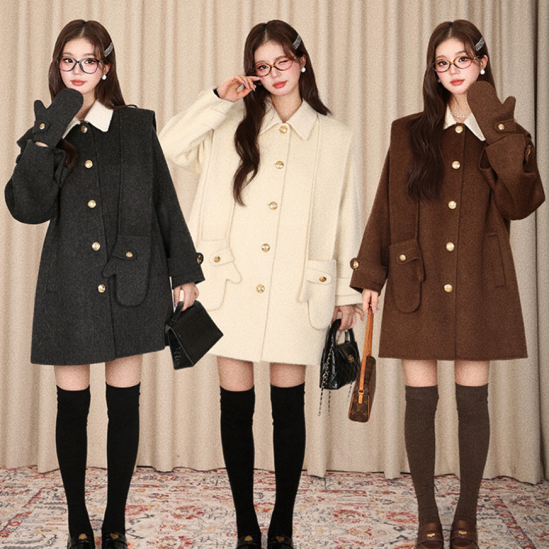 【张开心】2025年秋冬新款韩版宽松韩版小个子呢子外套带手套