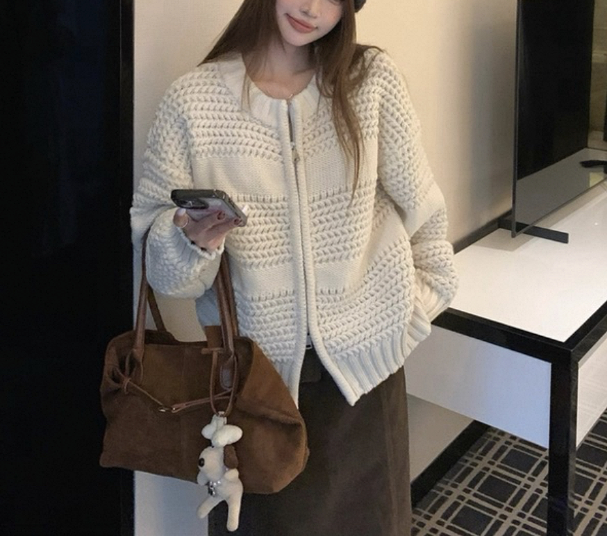 慵懒风宽松长袖针织开衫女秋冬季新款复古百搭小众双拉链毛衣外套