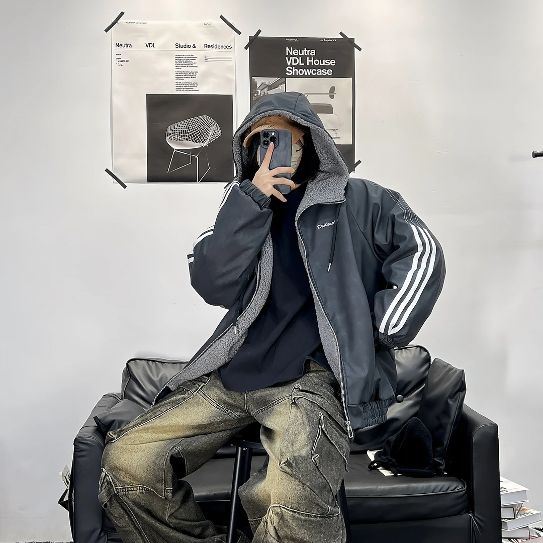冬装美式情侣装美拉德PU皮棉服男女潮流三条杠羊羔绒内胆棉衣外套