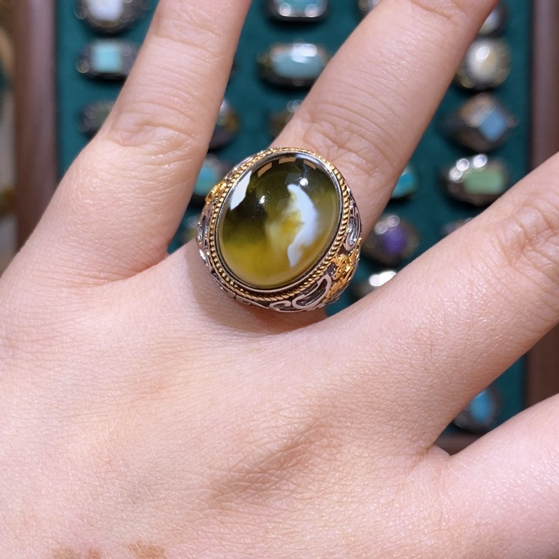 琥珀戒指银S925镶嵌戒指