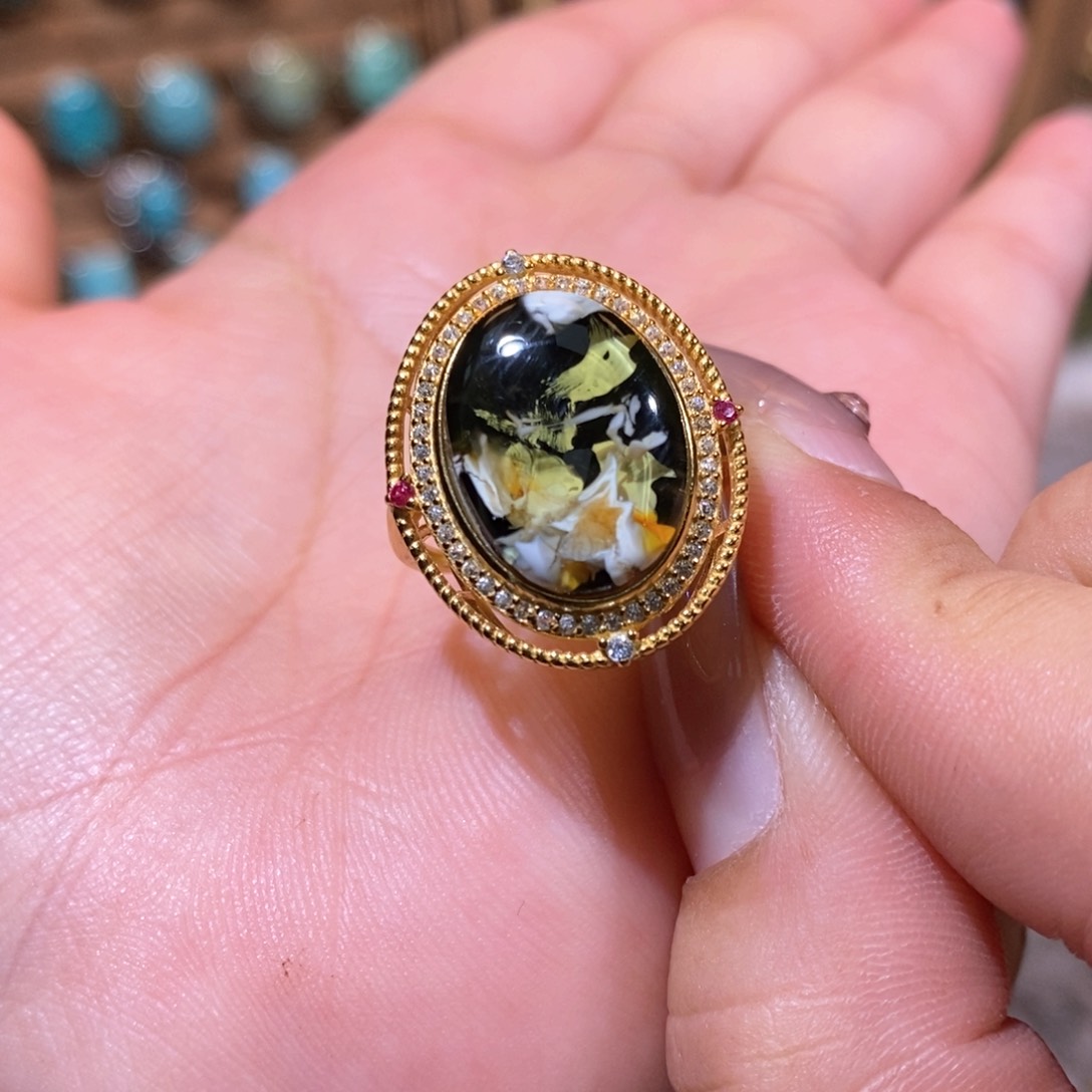琥珀戒指银S925镀金镶嵌戒指