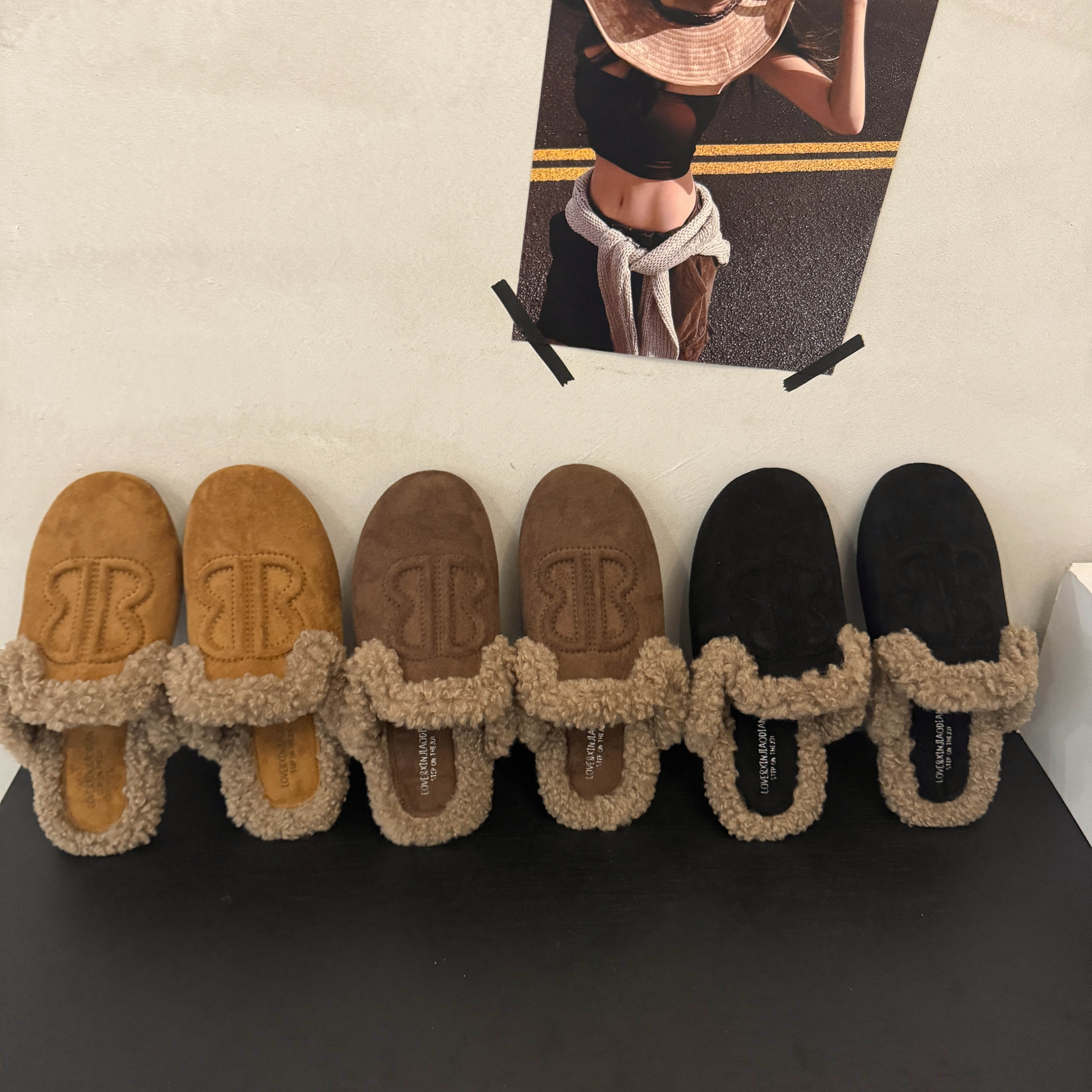 小众风拼色修面皮12欧美风包头拖毛毛鞋网红时尚半拖韩版平底软底