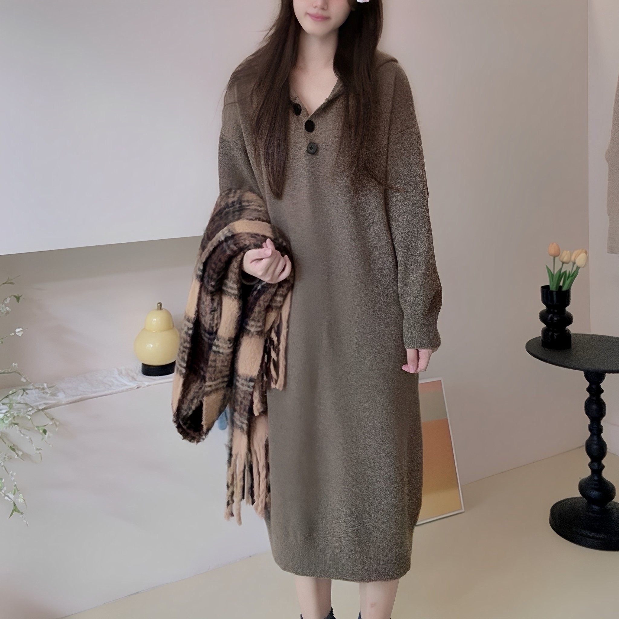 【原版2斤】2024连帽毛衣针织连衣裙女秋冬高级感内搭长裙X988