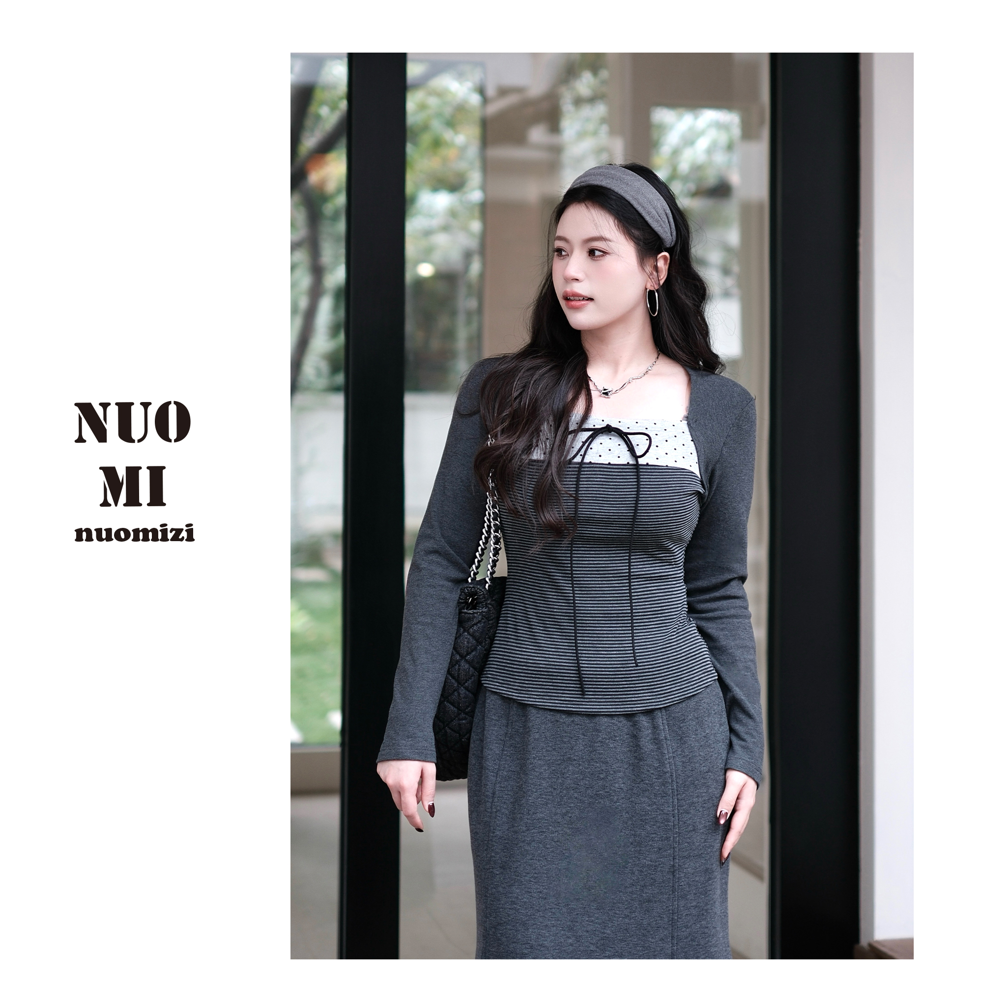 ZOZ糯米子[微糖少女]韩系蝴蝶系带假两件波点T恤显瘦方领绒感上衣