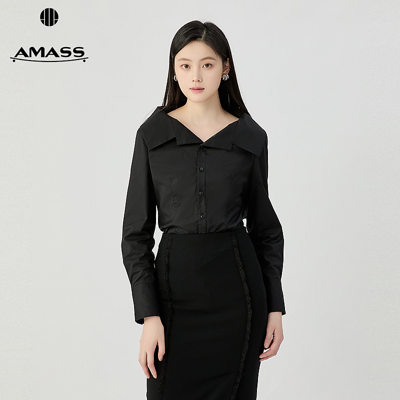 阿玛施AMASS  女装新款优雅女人离颈翻领设计收腰长袖衬衫530035