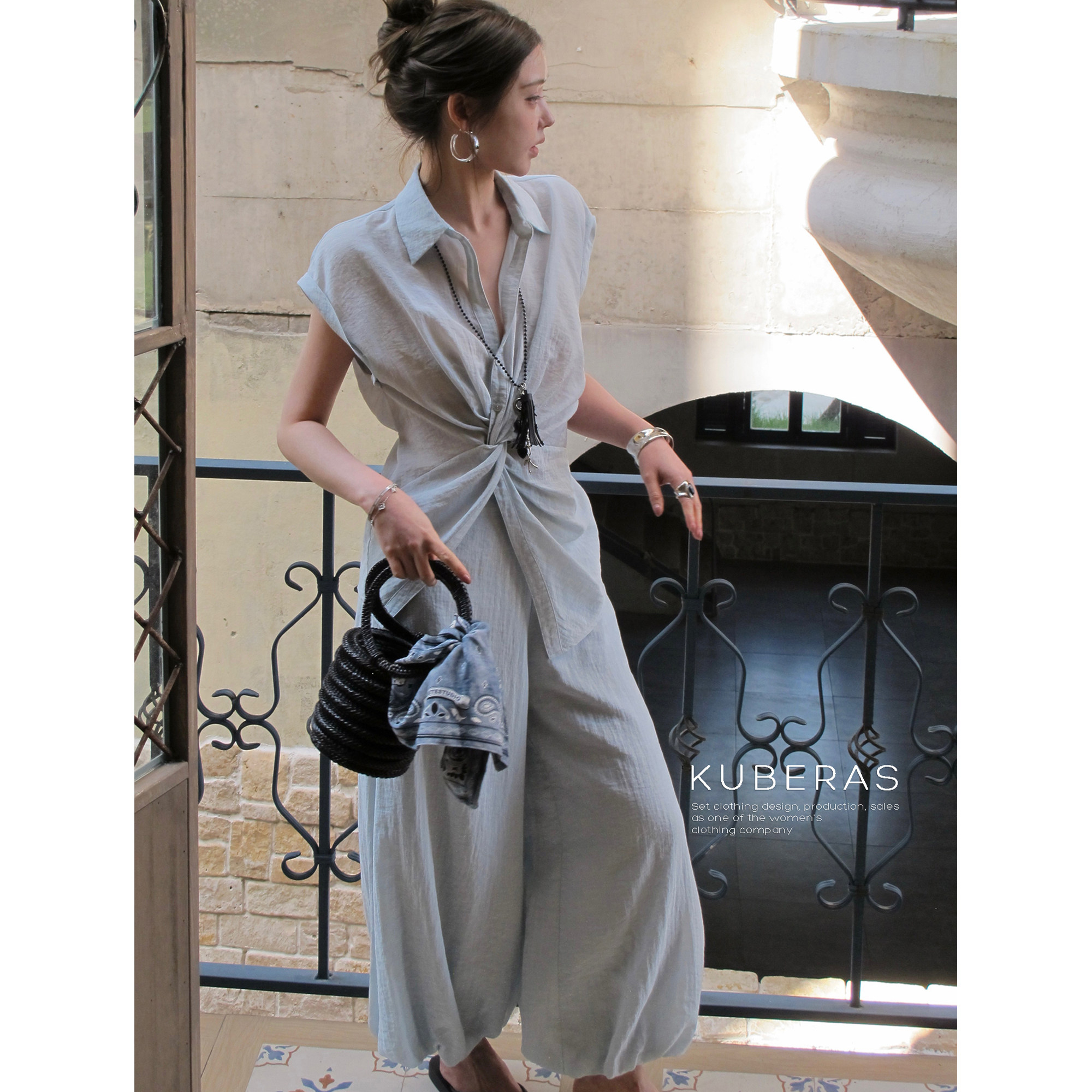 KUBERAS 设计感扭结短袖翻领衬衫上衣休闲小众阔腿灯笼裤长裤套装