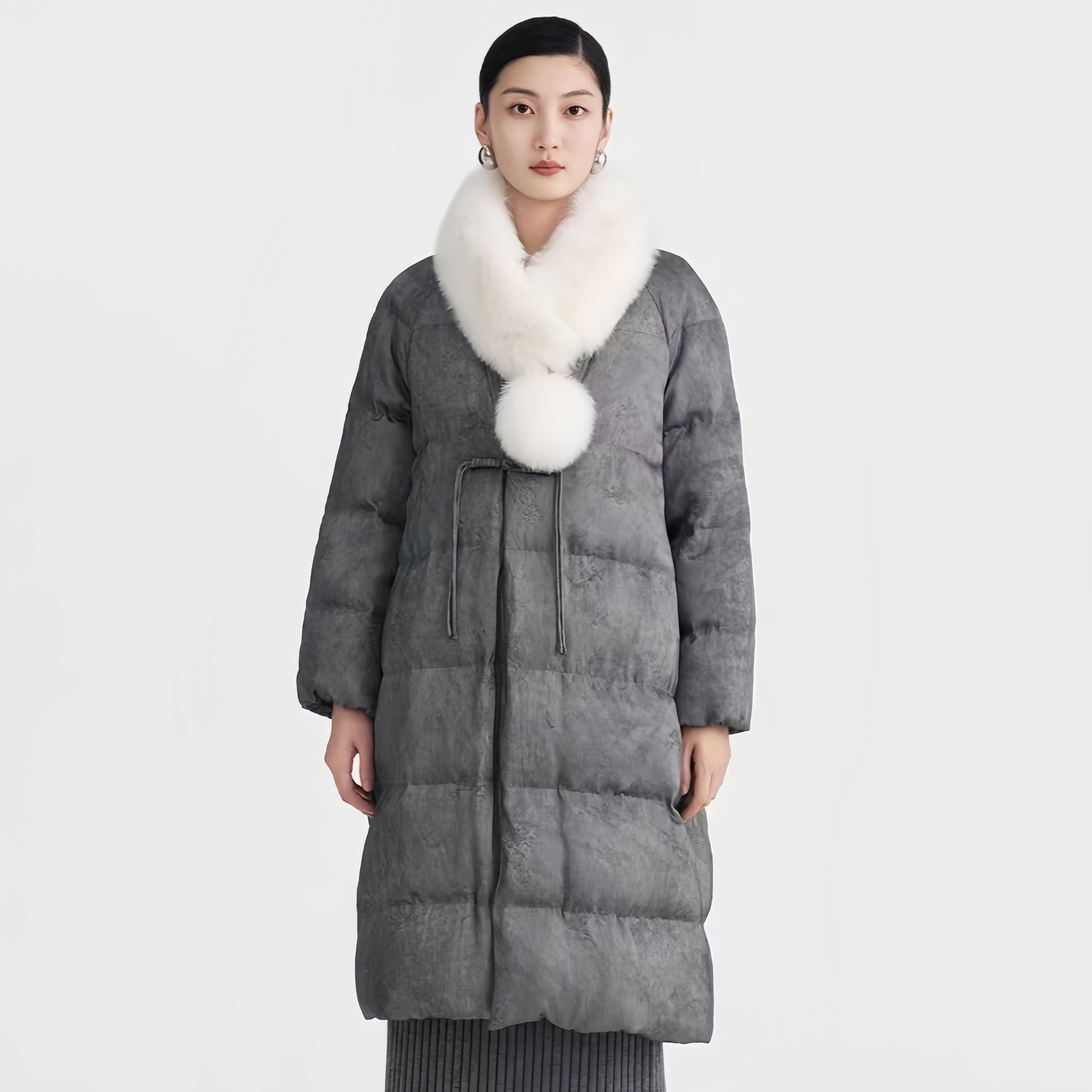 白狐毛领提花缎面羽绒服自带清冷贵气一眼沦陷的中式国风A28171