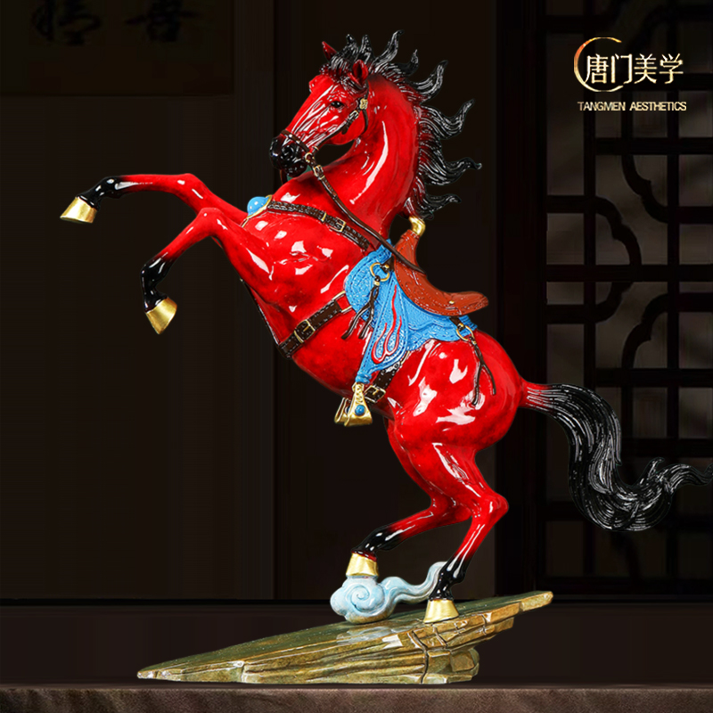 《战马奔腾》红马全铜战马彩铜高档纯手工 办公室客厅架柜子装饰品