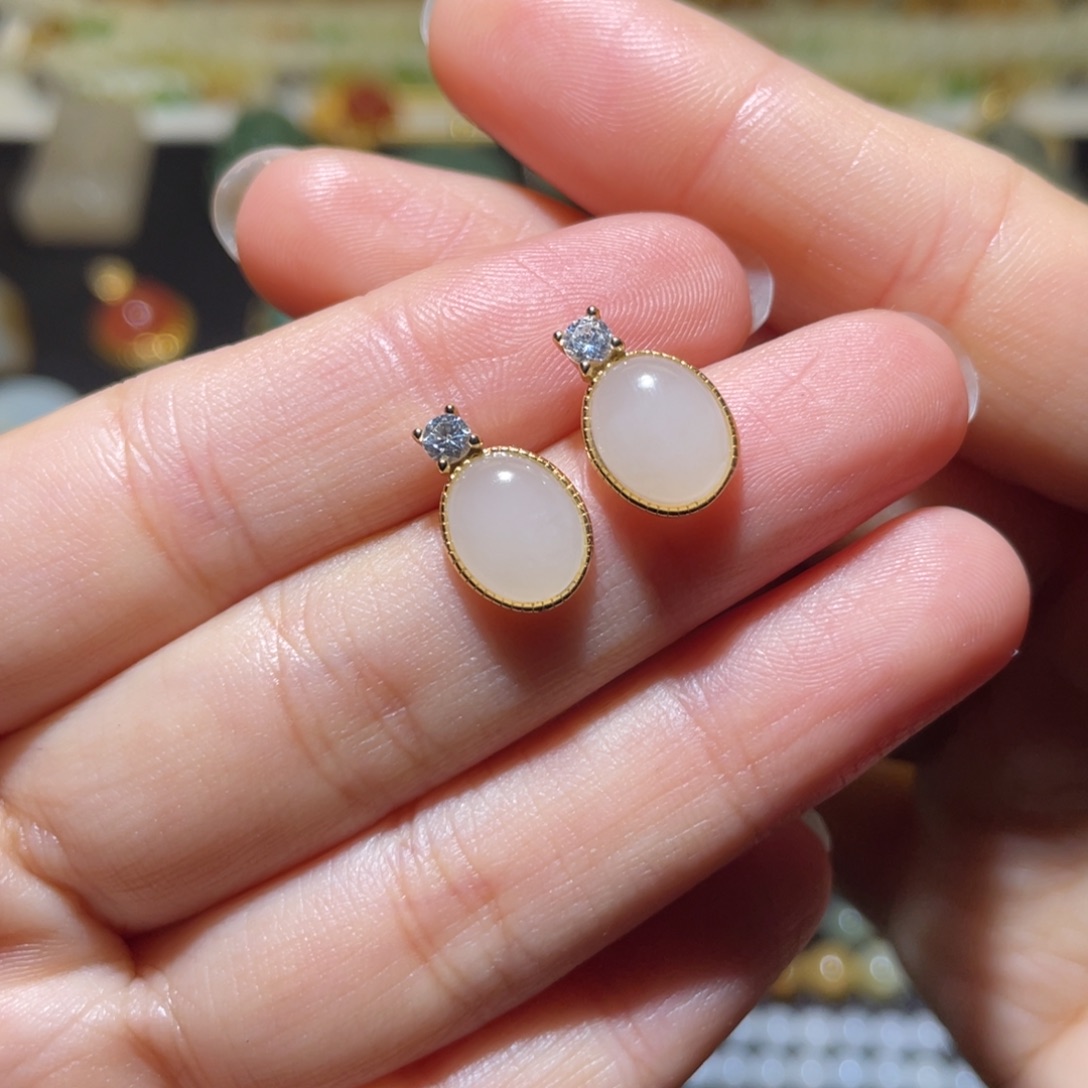 和田玉银S925镶嵌耳饰