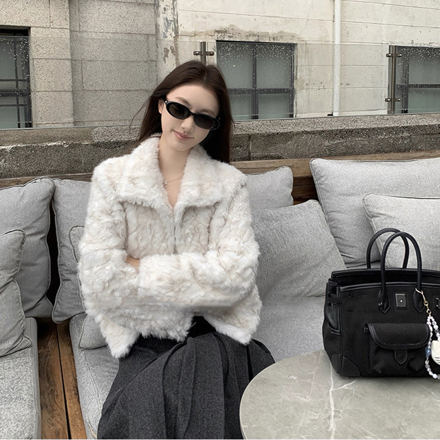 人造皮草 “暖暖小湖羊”翻领环保毛毛外套加厚女短款韩版毛绒外套