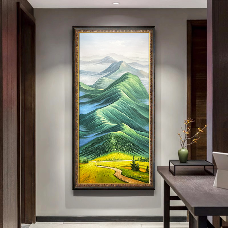 手绘油画巨人山背有靠山中式油画玄关装饰画风景油画简约走廊挂画