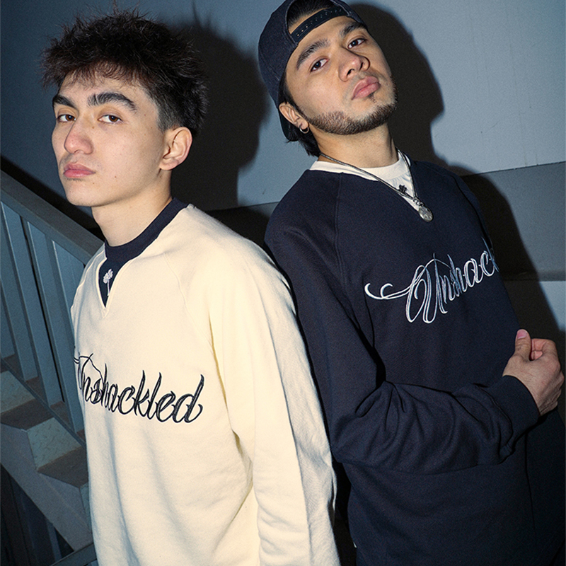 UNSHACKLED潮牌美式假两件刺绣拼接圆领卫衣宽松长袖T恤杨政原创