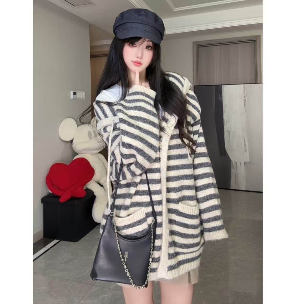【孕妈妈】INS风条纹连帽女中长款毛针织衫秋冬慵懒风上衣毛衣外套