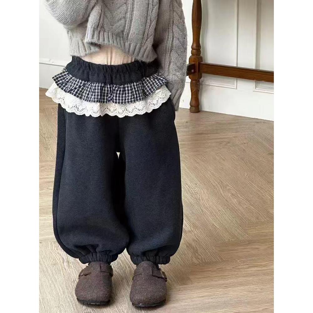 女童裤子2025秋冬加绒童装韩版百搭花边拼接屁帘灯笼裤毛呢束脚裤