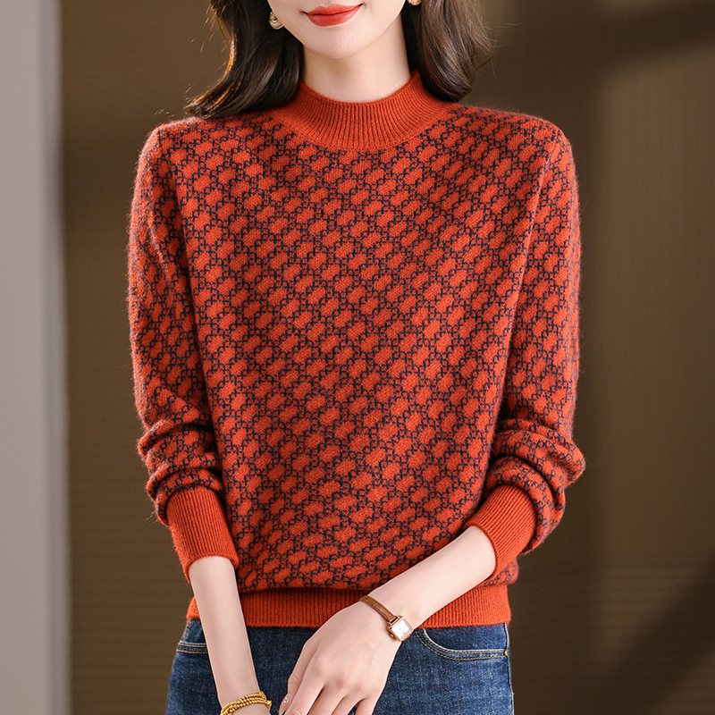 2025新款半高领针织提花毛衣女加厚洋气打底衫XMY-7129