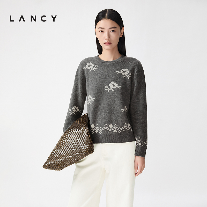 【马踏春风】LANCY/朗姿2026春新款羊毛羊绒气质圆领提花针织衫女