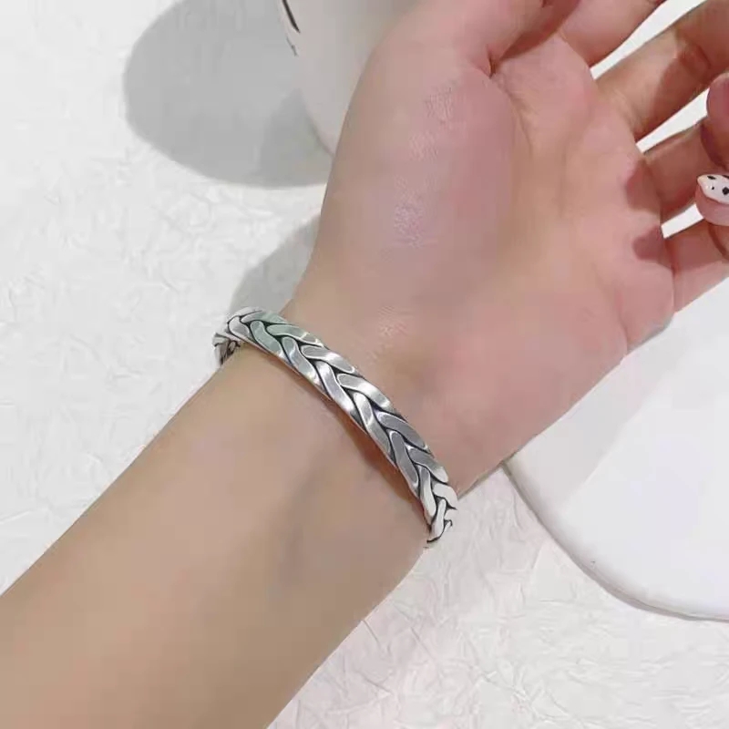 C8【约42克9mm】 999.9编织纹理古法做旧拉丝开口手镯