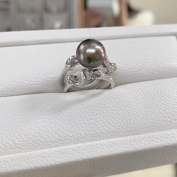 海水珍珠戒圈银S925镶嵌大溪地黑珍珠戒指