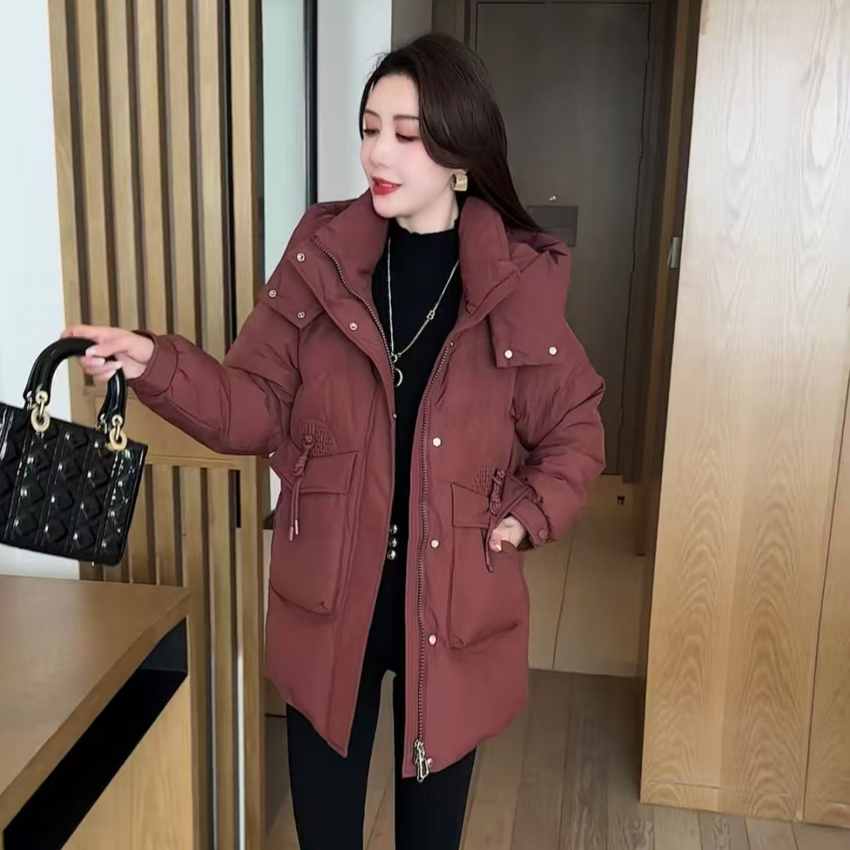 2025新款连帽洋气中长款宽松女士冬季大码棉服保暖棉衣时尚加厚