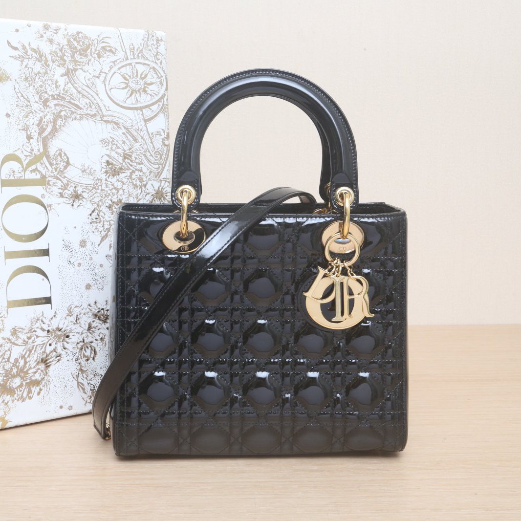 95新 DIOR/迪奥 小花柳 Lady Dior 戴妃包 五格 黑色 2014