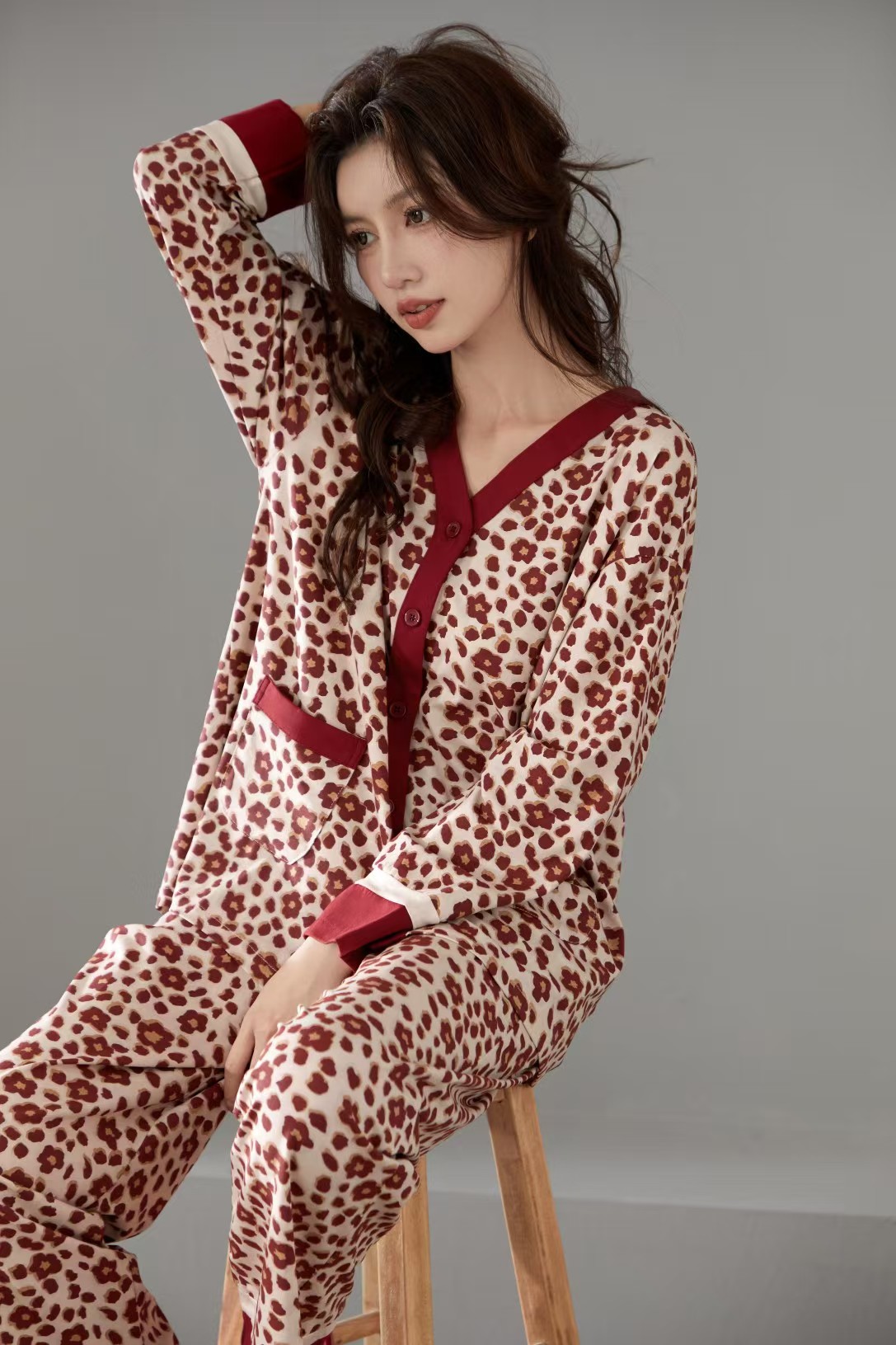 安可可纯棉女士轻奢外穿家居服红色喜庆高品质睡衣套装