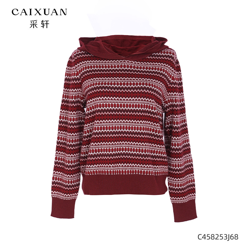 C458253j68CAIXUAN采轩绵羊毛混纺连帽条纹提花长袖针织衫