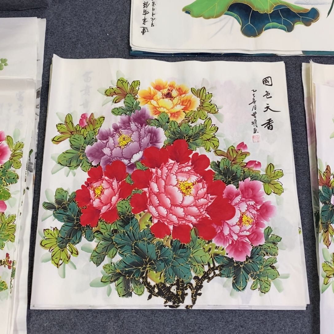 国画68✖️68四尺斗方金线牡丹花画画