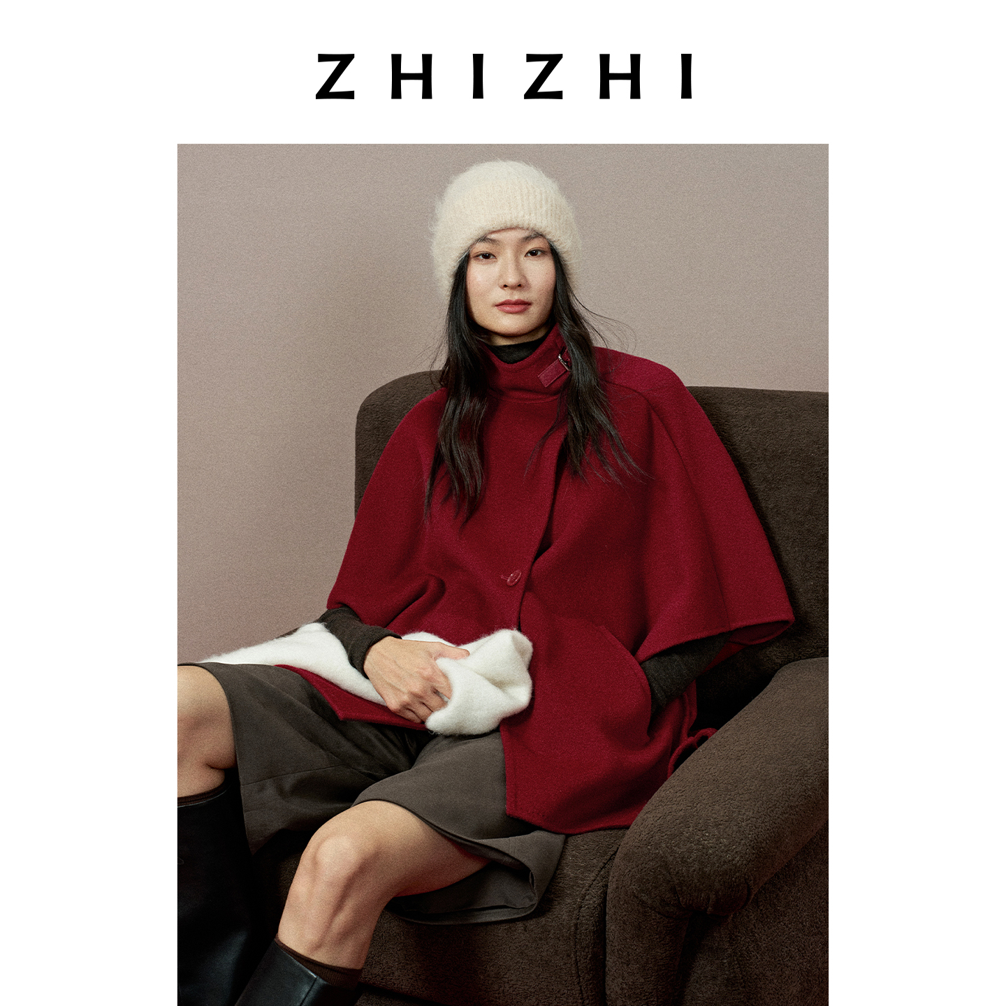 【好运红】致知 点绛唇 双面呢立领斗篷毛呢外套25冬ZZ2EWWWW001