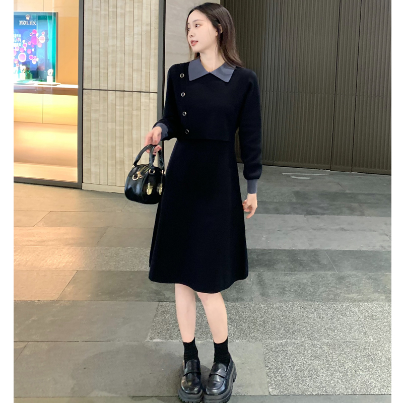 法式复古撞色拼接POLO领气质显白显瘦收腰针织连衣裙#112