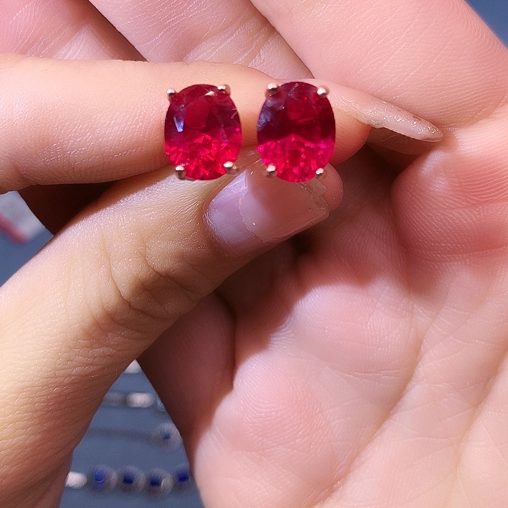 红宝石耳饰银S925镶嵌