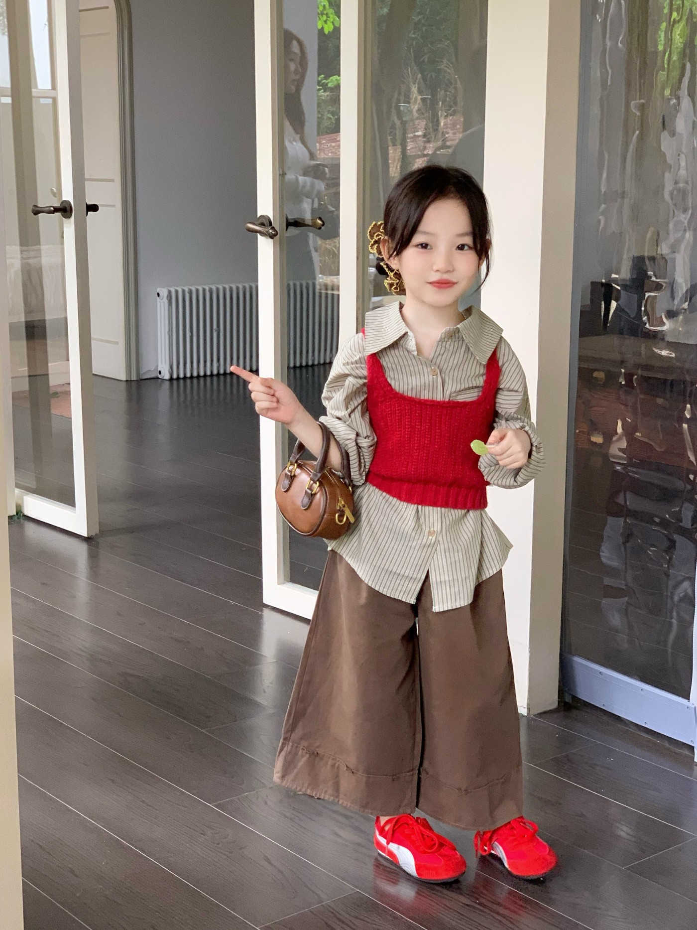 大橙子Studio女童2025秋季新款短款浆果红背心针织吊带阔腿裤套装