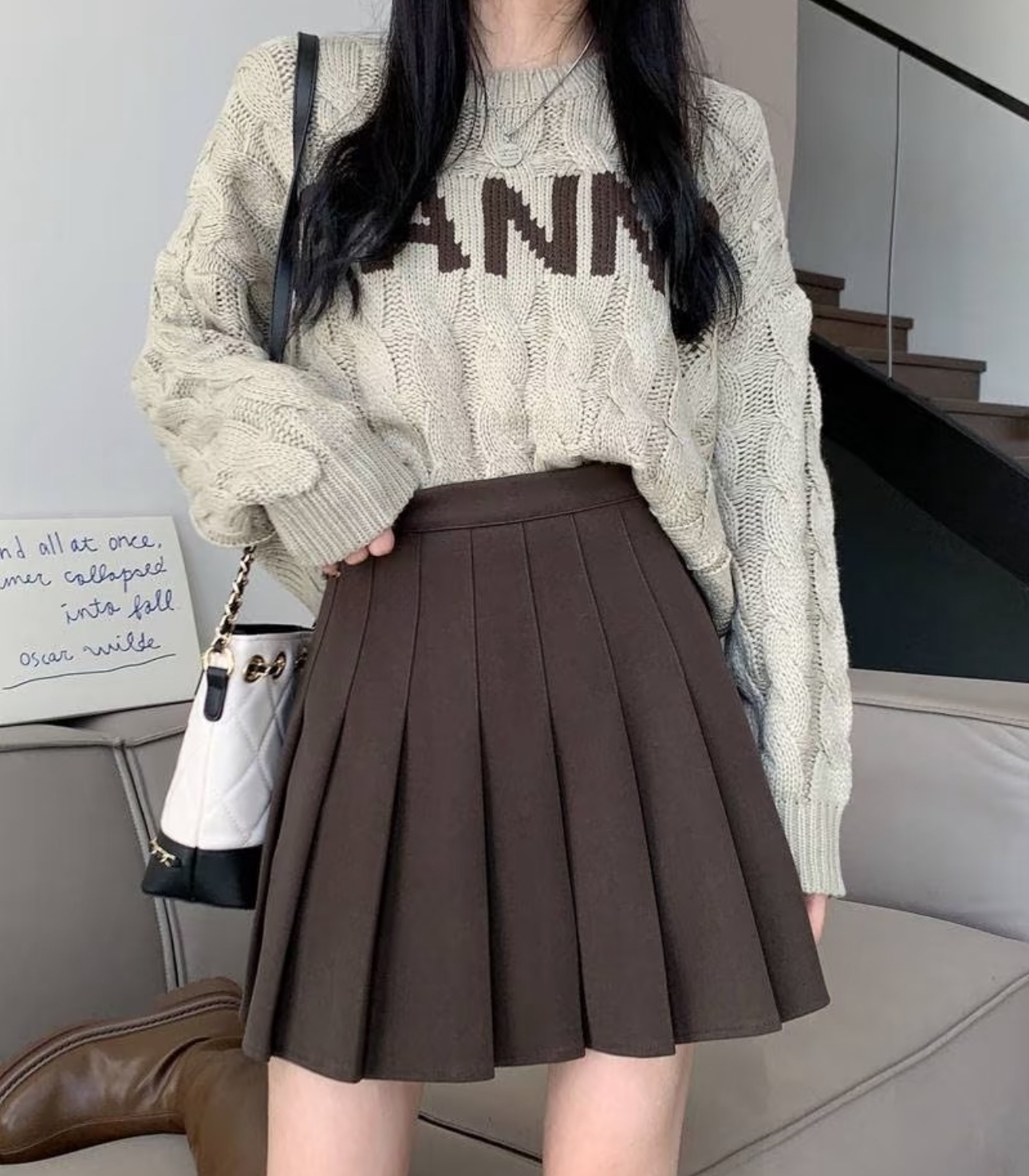 10品德高尚（直播过款专用）高腰百褶裙半身裙A字冬季春季黑色显瘦