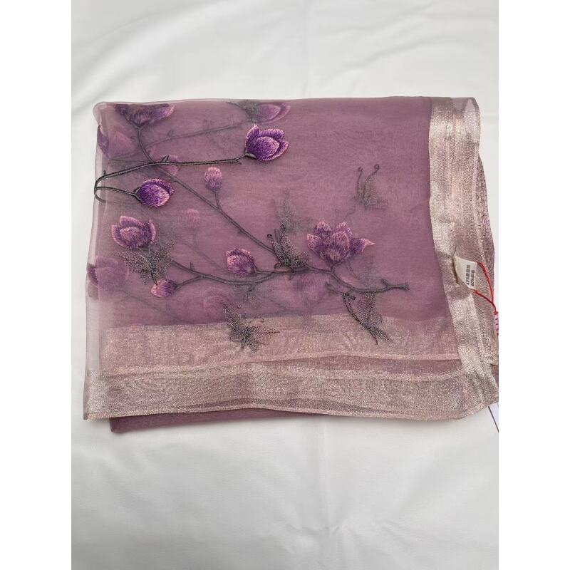 Y113紫色【玉兰花】70*180蚕丝羊毛刺绣女士丝巾