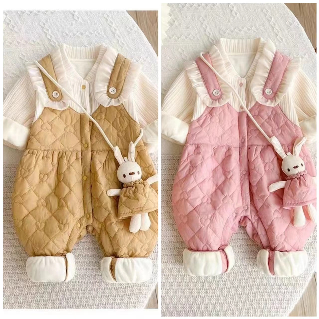 可爱宝宝婴幼儿必备洋气外穿挎包兔假两件薄棉哈衣爬服