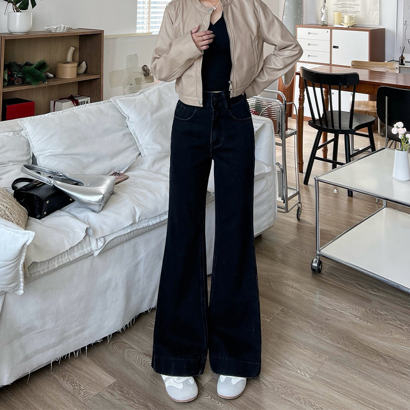秋季冬季宽松加绒新款牛仔裤女高腰窄版显瘦垂感百搭直筒微喇叭裤