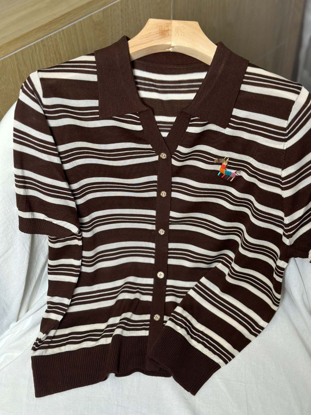 【欧琲】M771#POLO领开衫条纹撞色圆领针织短袖